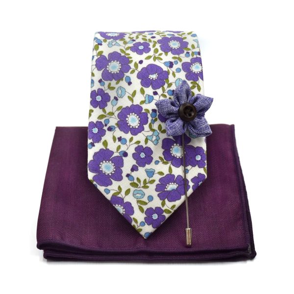 Floral White Lavender Tie Set Skinny