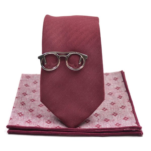 Solid Herringbone Burgundy Tie Set